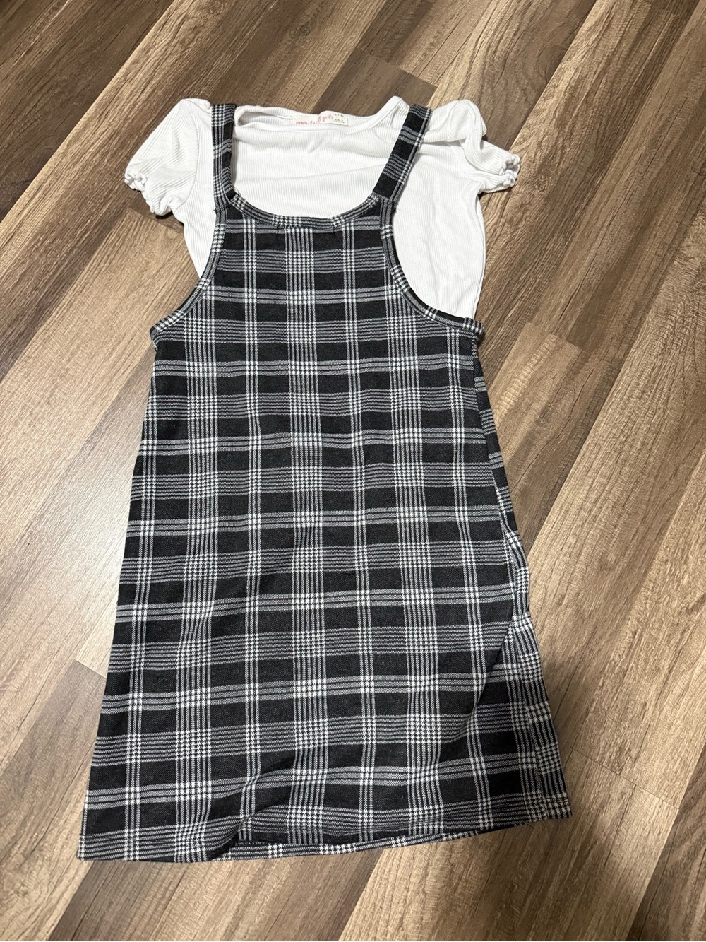Girls Black & White Plaid Pinafore Dress with White Tee